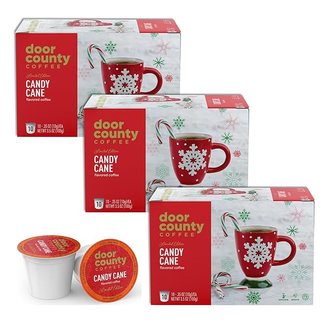 Door County Coffee Candy Cane Holiday Flavored Ground - 30 Count Single Serve Cups - Medium Roast - 100% Specialty Arabica - Flavored Gourmet - Peppermint Flavored