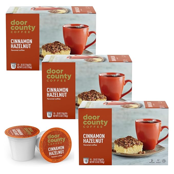 Door County Coffee Cinnamon Hazelnut Flavored Ground - 30 Count Single Serve Cups - Medium Roast - 100% Specialty Arabica - Flavored Gourmet - Cinnamon Hazelnut