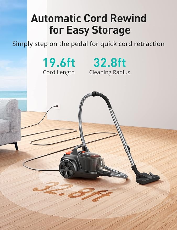 Aspiron Canister Vacuum Cleaner, 30Kpa Bagless Vacuum Cleaners, 3.7QT Large Dust Cup, Double HEPA Filter, Retractable Cord, 1600W Lightweight Vacuum Cleaner with 5 Tools for Hard Floors, Persimmon