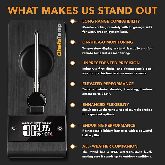 ChefsTemp ProTemp Plus Next-Gen Wireless Meat Thermometer Digital Unlimited Range Bluetooth & WiFi Enabled Smart Cooking Grilling Smoker BBQ Oven Kitchen Rotisserie (Stand + 1 Probe)