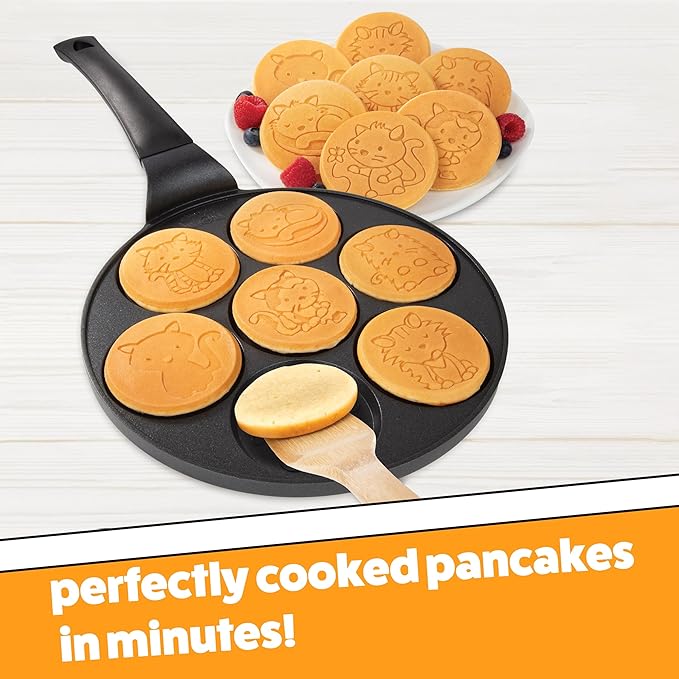 Kitty Friends Mini Pancake Pan - Make 7 Unique Flapjack Cat Designs, Nonstick Pan Cake Maker Griddle w Long Handle for Breakfast Animal Kitten Fun & Easy Cleanup, Fun Xmas Gift for Kids, Party Treat