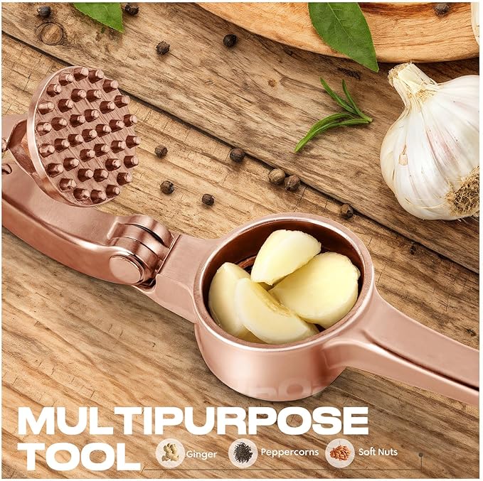 Kitchen Garlic Press, Rust Proof & Dishwasher Safe Garlic Mincer, Durable Garlic Crusher Set with Peeler＆Brush, Easy to Clean and Squeeze, Copper