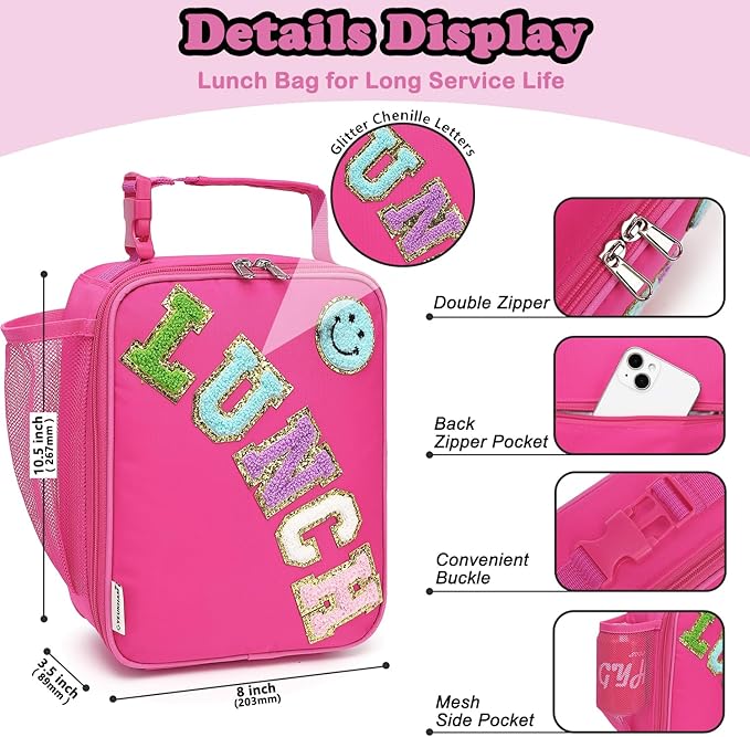 FlowFly Lunch box Insulated Soft Bag Mini Cooler Back to School Thermal Meal Tote Kit With Buckle and Mesh Side Pocket for Girls, Boys, RoseRedWithLetter