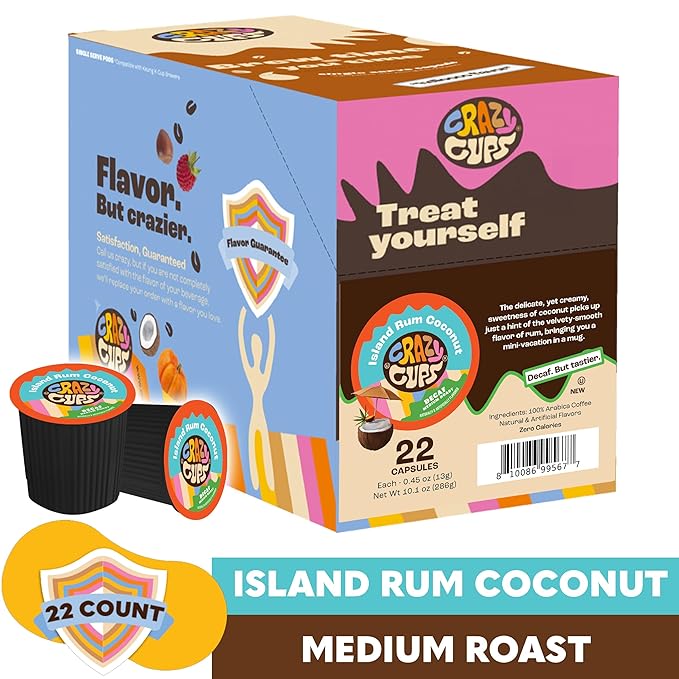 Crazy Cups Decaf Flavored Coffee Pods, Decaffeinated Island Rum Coconut Single Serve Coffee Cups for K Cup Keurig Machines, Brew Hot or Iced, 22 Count