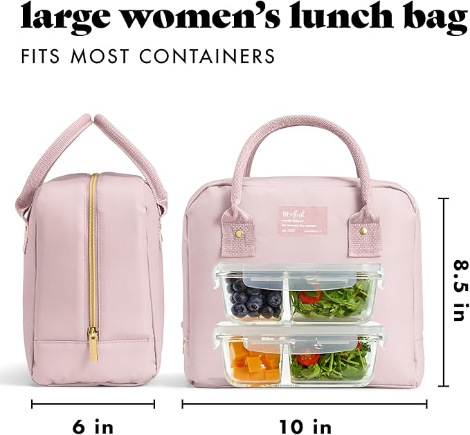 Fit & Fresh Bloomington Lunch Bag for Women - Insulated Large Lunch Box for Work with Containers, Leak-Resistant, Stain-Resistant, Zipper Closure, Mauve