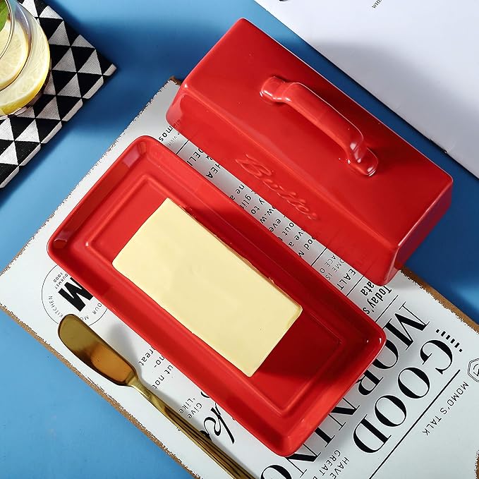 Bruntmor Ceramic Butter Dish With Lid. Butter Holder/ Tray/ Storage With Lid And Handle. Porcelain Butter Keeper For Countertop. Butter Dish With Cover in Red Color.