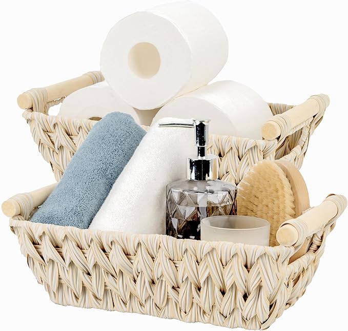 GRANNY SAYS 2-Pack Wicker Storage Baskets, Storage Baskets for Shelves, Trapezoid Wicker Basket with Handles, Waterproof Woven Basket, Basket for Shelves, Butter Milk