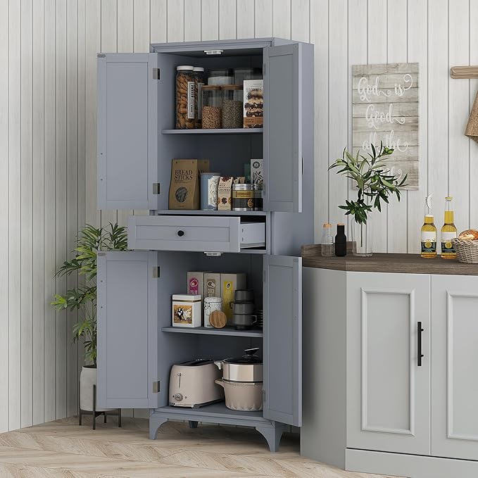 HOMCOM 67" Tall Freestanding Kitchen Pantry Cabinet, 4-Door Storage Cabinet with Drawer and Adjustable Shelves for Dining Room, Gray