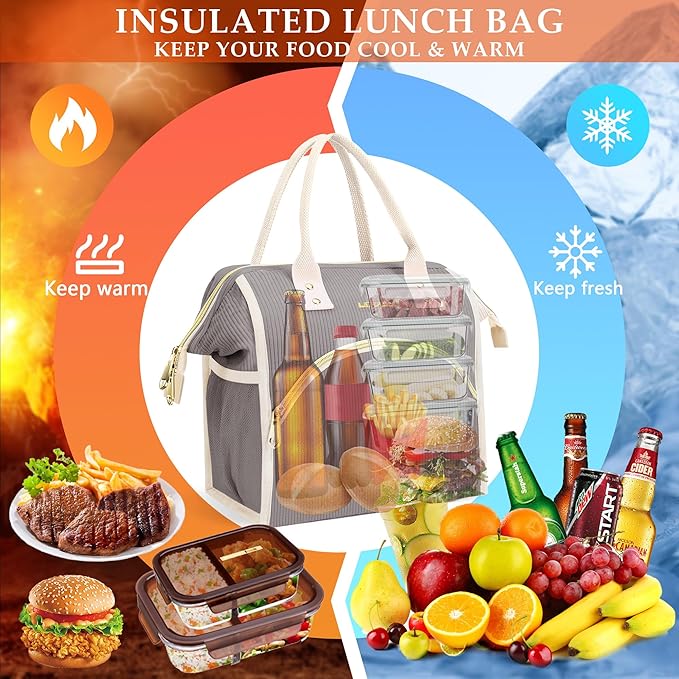 LOKASS Lunch Bag Women Insulated Lunch Box Wide-Open Lunch Tote Bag Large Cooler Bag for Work Picnic Hiking Beach（Dark Gray）