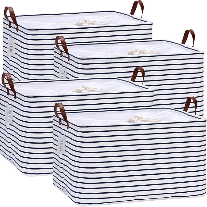 Hinwo 70L Extra Large Storage Bins, 4-Pack Closet Organizers and Storage, Foldable Clothes Storage Baskets with Handles, Containers for Clothing, Blanket, Comforters, Toys, Bedding (Navy Stripe)