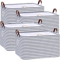 Hinwo 70L Extra Large Storage Bins, 4-Pack Closet Organizers and Storage, Foldable Clothes Storage Baskets with Handles, Containers for Clothing, Blanket, Comforters, Toys, Bedding (Navy Stripe)