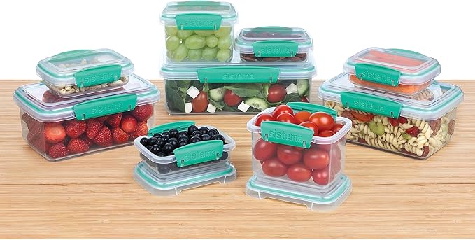 Sistema 18-Piece Food Storage Containers with Lids for Lunch, Meal Prep, and Leftovers, Dishwasher Safe, Clear/Blue