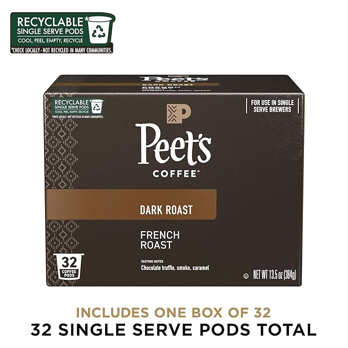 Peet's Coffee, Dark Roast Single Serve Coffee Pods - French Roast 32 Count (1 Box of 32 Pods)