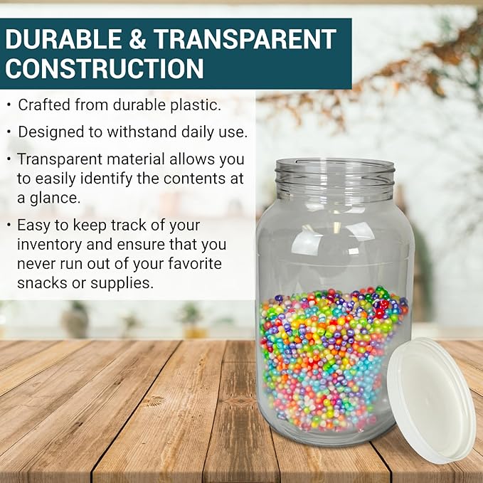 1 Gallon Large Plastic Jars with Lids (2 Pack) - Food Safe & Air Tight - Large Clear Plastic Containers with Lids - Wide Mouth Food Storage Jars - Kitchen & Pantry Organization by Billy Buckskin