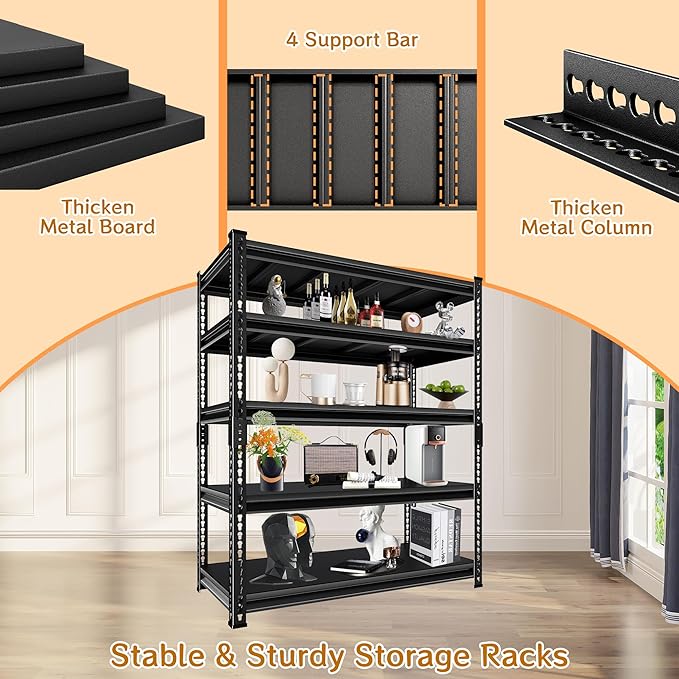 Adjustable Shelving Units and Storage, 48”W Garage Shelving Heavy Duty,2500LBS Loads 5-Tier Garage Storage Shelves, Metal Shelves for Living Room,Pantry,48”W×18”D×78”W,Black