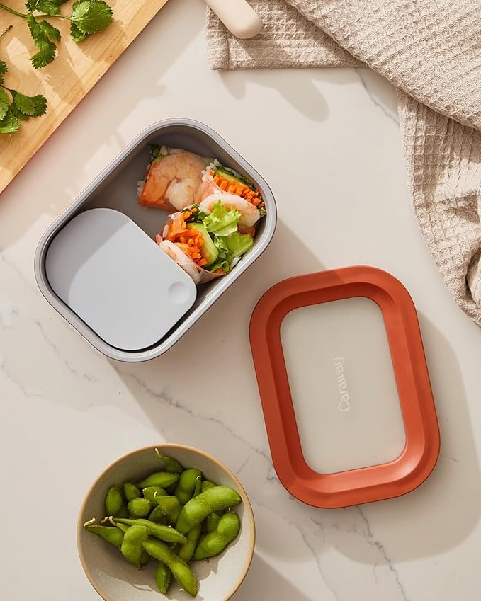 Caraway 2pc Glass Food Storage Set - 2.6 Cup Food Containers (2) - Non-Toxic Ceramic-Coated Glass - Air Release Technology - Compact & Stackable Design - Mist