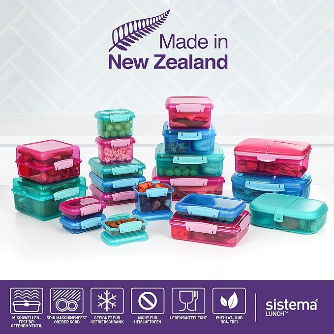Sistema 3-Piece Sandwhich Containers for Lunch Boxes and Meal Prep, Dishwasher Safe, 1.9-Cup, Blue/Green/Pink