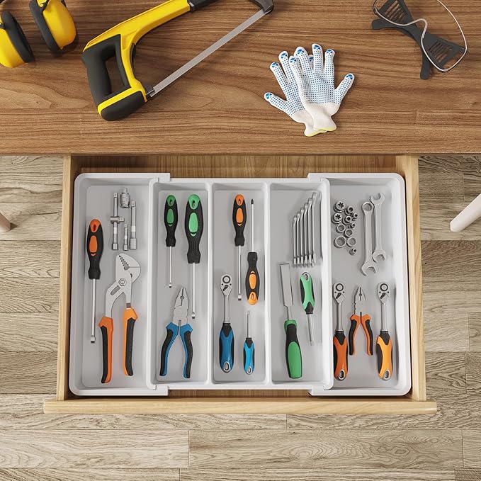 Lifewit Utensil Organizer for Kitchen Drawers, Expandable from 13‘’ to 22.4'', 15'' Depth, Plastic Cutlery Silverware Flatware Holder, Spatula Tools and Gadgets Storage, Large, White