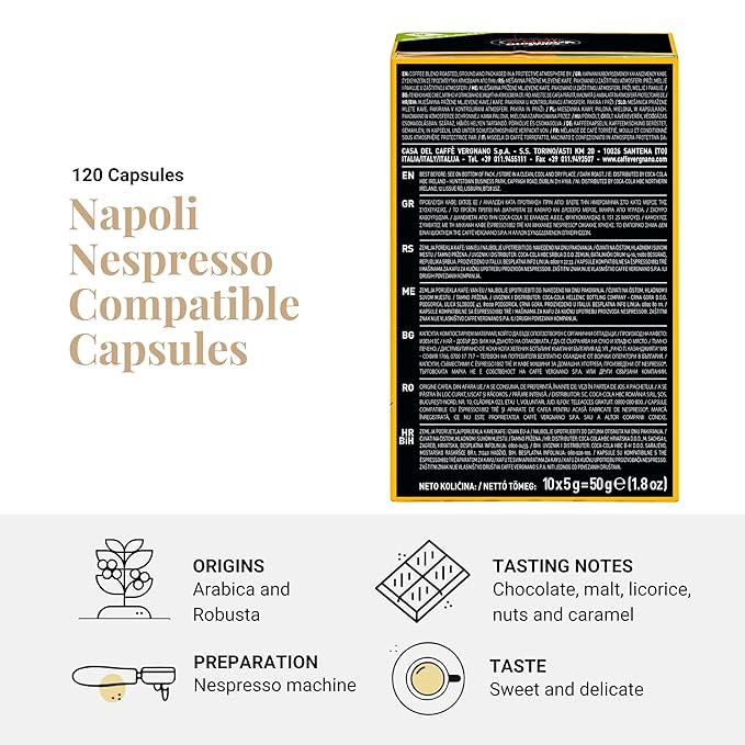 Caffè Vergnano Napoli Espresso Capsules – Original Line Compatible Pods – Medium Roast Arabica Robusta Blend, Intensity 10/10 – Italian Single-Serve Coffee With Dark Chocolate Spiced Notes – 120 Count