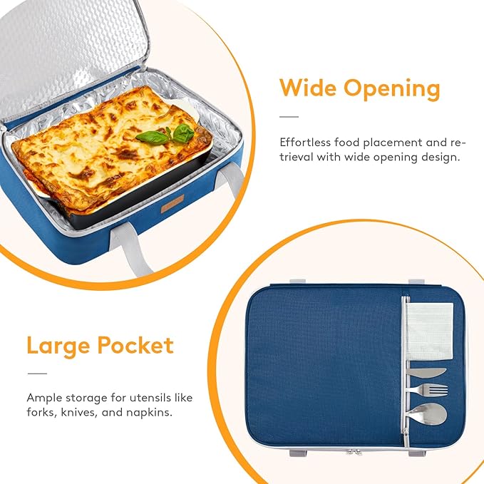 LUNCIA Insulated Casserole Carrier for Hot or Cold Food, Lasagna Lugger Tote for Potluck Parties/Picnic/Cookouts, Fits 9"×13" Baking Dish, Pure Blue