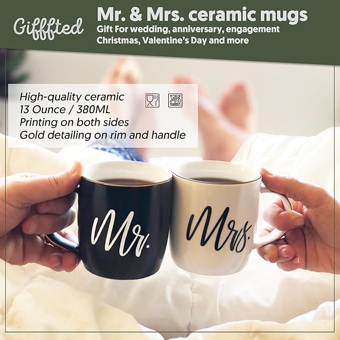 Triple Gifffted Mr and Mrs Coffee Mugs Couples Gifts Ideas for Christmas Wedding Anniversary Engagement Valentines,his Hers Present Husband Wife Him Her Men Women Bride Groom Newlyweds, Ceramic 380ml
