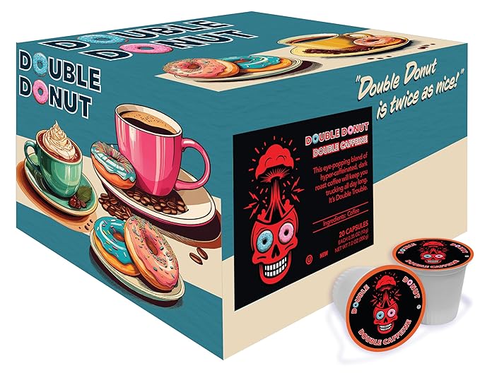 Double Donut Coffee High Caffeine Coffee Pods, Extra Strong Double Caffeine Dark Roast Coffee, Compatible with Keurig K Cups Brewers 72 Count