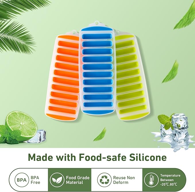 Lily's Home Silicone Narrow Ice Stick Cube Trays with Easy Push and Pop Out Material, Ideal for Sports and Water Bottles, Assorted Bright Colors (11.81" x 4.61" x 0.75", Set of 3)