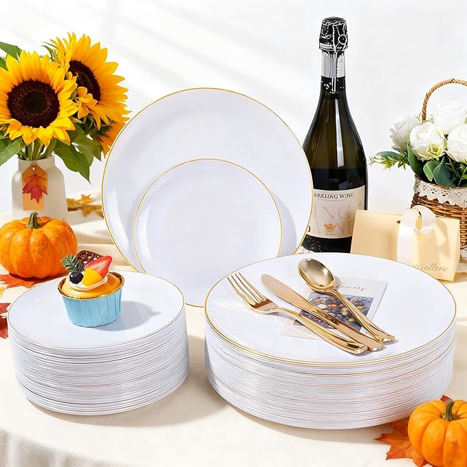 KIRE 200PCS Gold Plastic Plates - Disposable Plates for Party - White Plastic Plates with Gold Rim Include 100 for Dinner and 100 for Dessert/Salad in Wedding/Thanksgiving