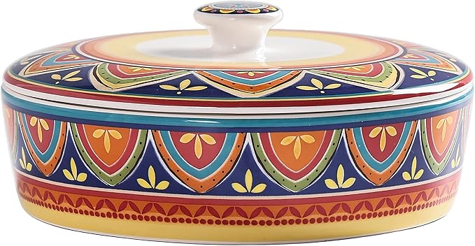 Bico Tunisian Ceramic Tortilla Warmer, 8.9 Inch Tortilla Holder with Lid for Taco Bread Pancake for Mexican Night and Party, Microwave and Dishwasher Safe