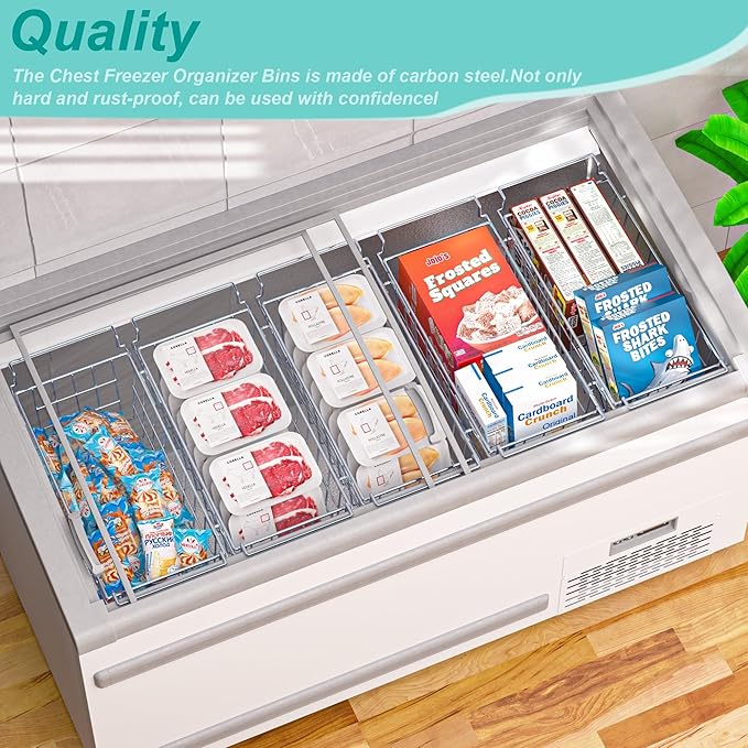 SANNO Chest Freezer Baskets, Stainless Steel Storage Organizer Bins with Sturdy Handles for Chest and Deep Freezers,Adjustable Arms width 17.5"~20.4", 2 pack