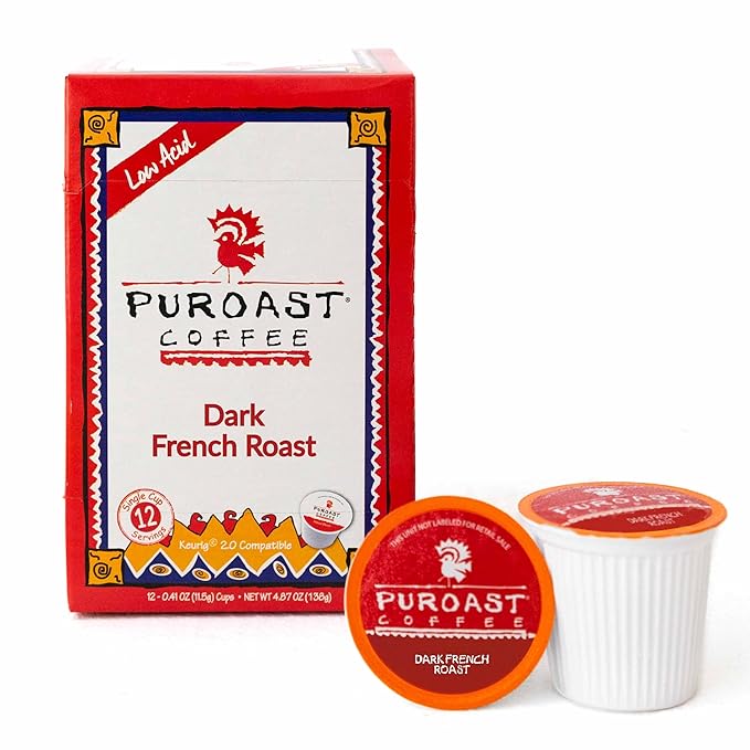 Puroast Low Acid Coffee | French Roast Single Serve Pods | Dark Roast | High Antioxidants & High pH |No Bitter Aftertaste | Reduced Heartburn & GERD Friendly | 12 Count - Compatible with Keurig Brewer