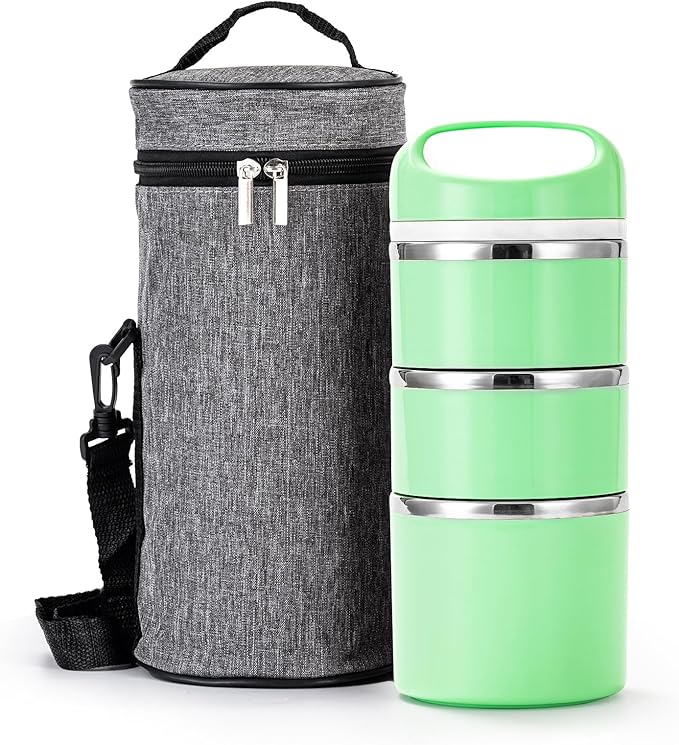 Lille Home Stackable Stainless Steel Lunch Containers, 43OZ Capacity 3 Layers Leakproof Bento Box for Adult, Portable Lunch Box for Women, Man, Travel, Office with Lunch Bag (Green.Pro)