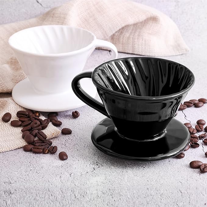 Pour Over Coffee Dripper - Ceramic Slow Brewing Accessories for Home, Cafe, Restaurants - Easy Manual Brew Maker Gift - Strong Flavor Brewer - V01 Paper Cone Filters - Black, 1 Cup