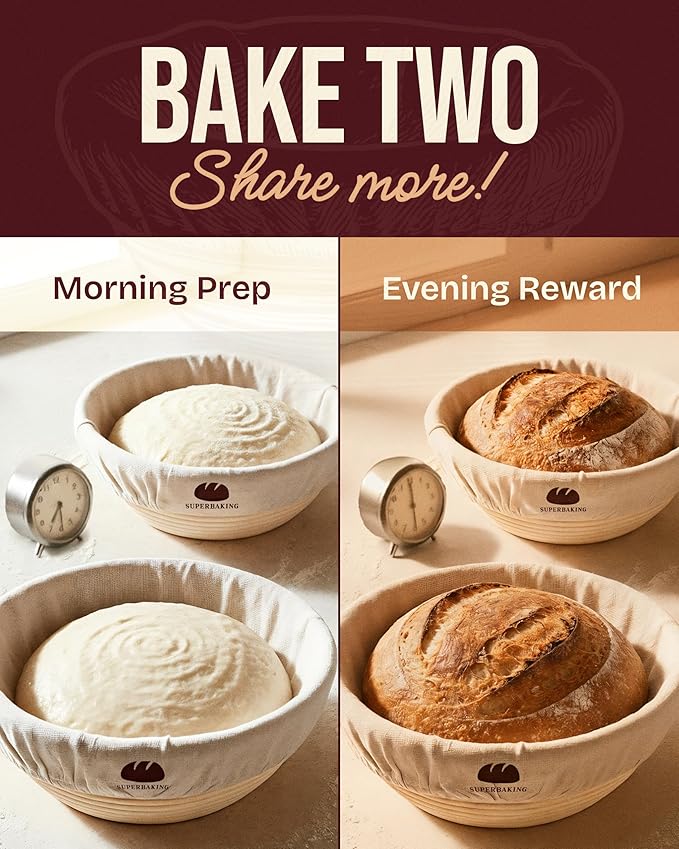 Superbaking Banneton Bread Proofing Basket Set of 2, 9" Splinter-Free Round Rattan Bread Basket with Liners, Sourdough Starter Kit, Sourdough Bread Baking Supplies & Sourdough Kit, Bread Making Tools