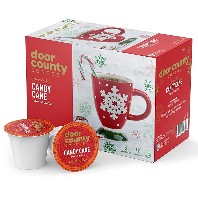 Door County Coffee Candy Cane Holiday Flavored Ground - 60 Count Single Serve Cups - Medium Roast - 100% Specialty Arabica - Flavored Gourmet - Peppermint Flavored