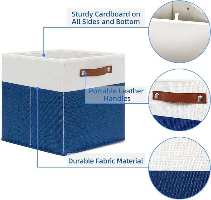 Temary Collapsible Storage Boxes - 12x12 Blue Cube Storage Bins with Handles for Organizing Home, White&Blue