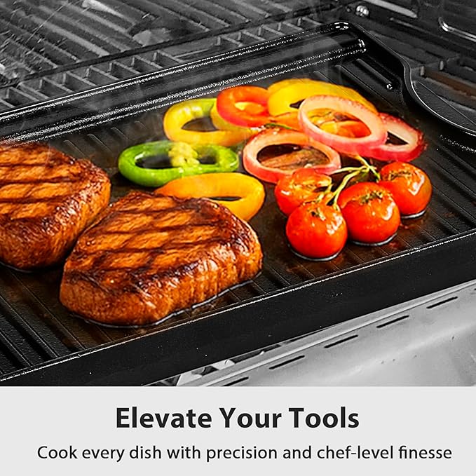 Utheer Nonstick Reversible Cast Iron Griddle 16.5" x 10.5", Ceramic Cooking Surface, Flat & Ribbed Sides, with High Sides & Grease Trap, Stovetop Griddle for Gas Grill, Charcoal, Oven & Outdoor BBQ