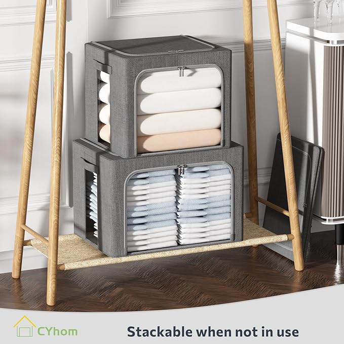 Clothes Storage Bins Box - Linen Fabric Foldable Stackable Container Organizer Set with Clear Window & Carry Handles & Metal Frame (Dark Gray, Medium-36L)