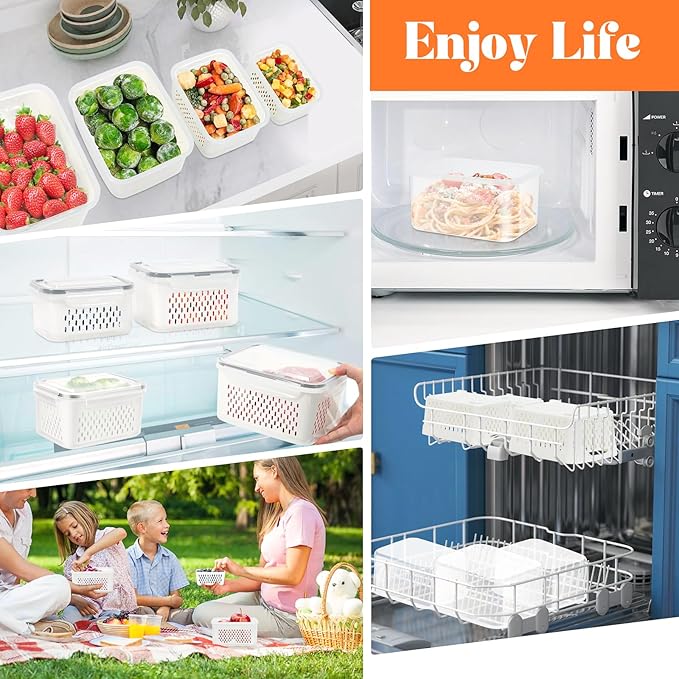 4 PCS Fruit Storage Containers for Fridge with Lids and Strainer, Fruit Containers for Fridge,Plastic Fresh Produce Saver Keeper for Vegetable Fruit Salad, BPA Free Fruit Organizer for Refrigerator