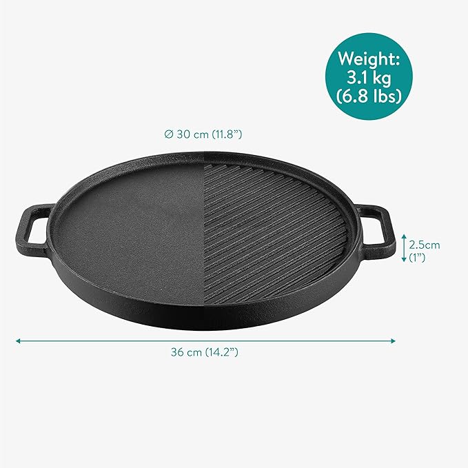 Navaris Double Sided Cast Iron Griddle Plate - BBQ Griddle Plate - Steak Pan or Pancake Griddle Pans - BBQ Hot Plate for BBQ Pan - Induction Griddle or Hot Plate for Gas Hob