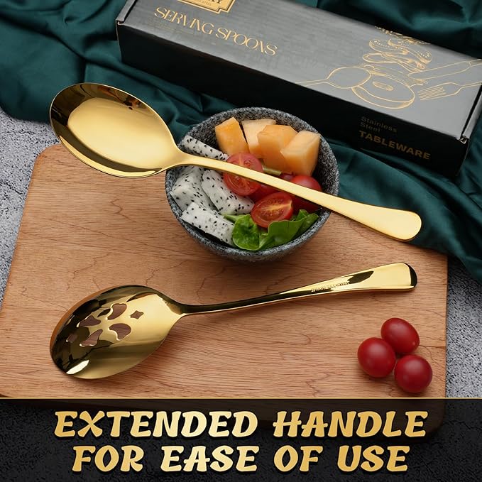 8 Piece Stainless Steel Serving Spoon Set - 4 Large, 4 Slotted,Dishwasher Safe,10-Inch,Gold, for Parties/Kitchen/Buffet/Catering