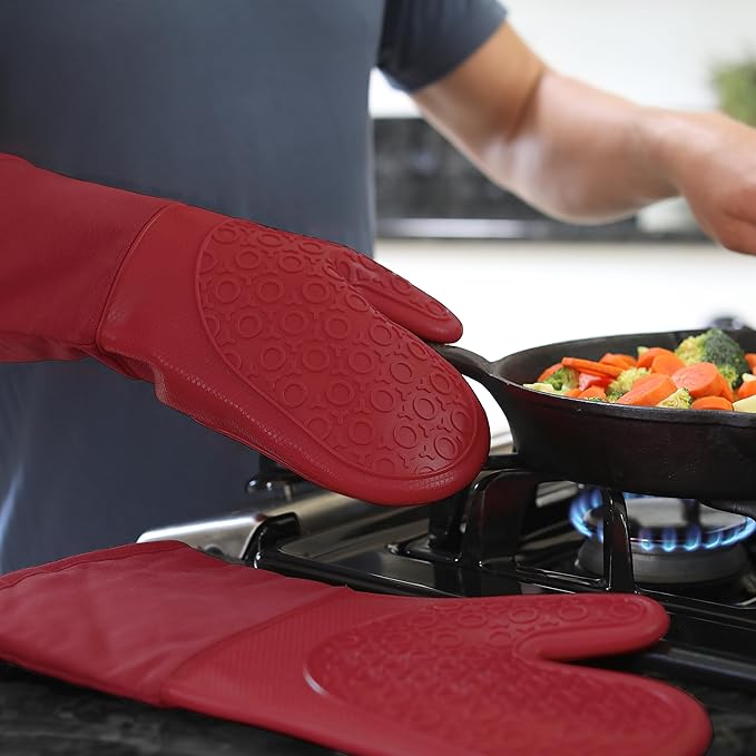 BPA-Free Silicone Oven Mitts Ultra Heat Resistant up to 500°F - Oven Mitts with Thick Cotton Liner - Long Slip Resistant Pot Holders, Flexible Oven Gloves - Empire Red 13.7