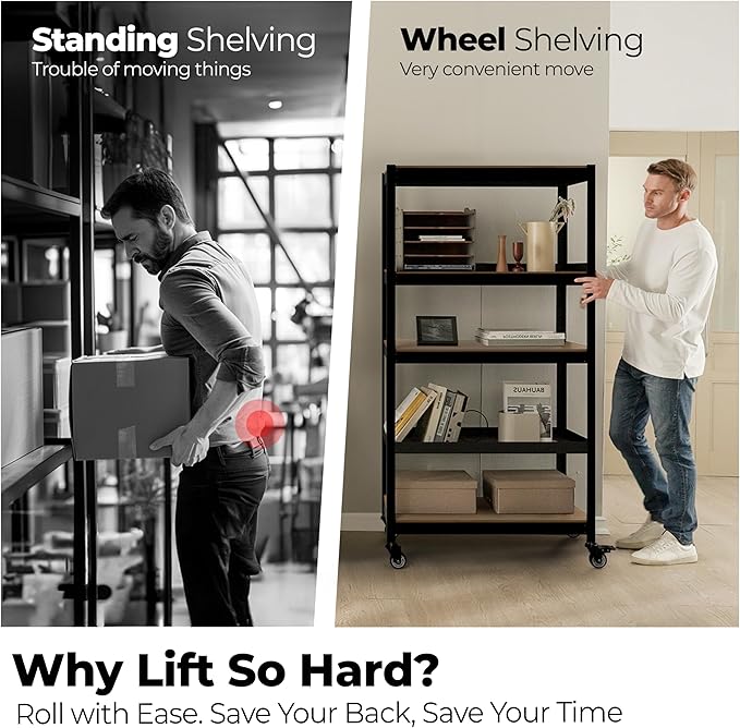 HOMEDANT House 5-Tier Metal Rolling Cart Shelf Rack Casters Heavy Duty Laminated Wheel Shelving Unit Adjustable Utility Storage Shelves Organizer Shelf Kitchen Garage 24.4" W x 16.5" D x 62.2" H 4Pack