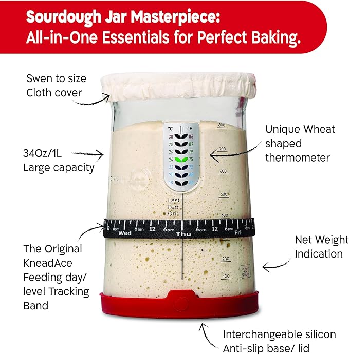 KNEADACE Pro Sourdough Bread Starter Kit - 34 oz Large Capacity Sourdough Starter Jar with 5 unique features for the perfect sour dough bread & sourdough starter kit - sourdough supplies (KA06)