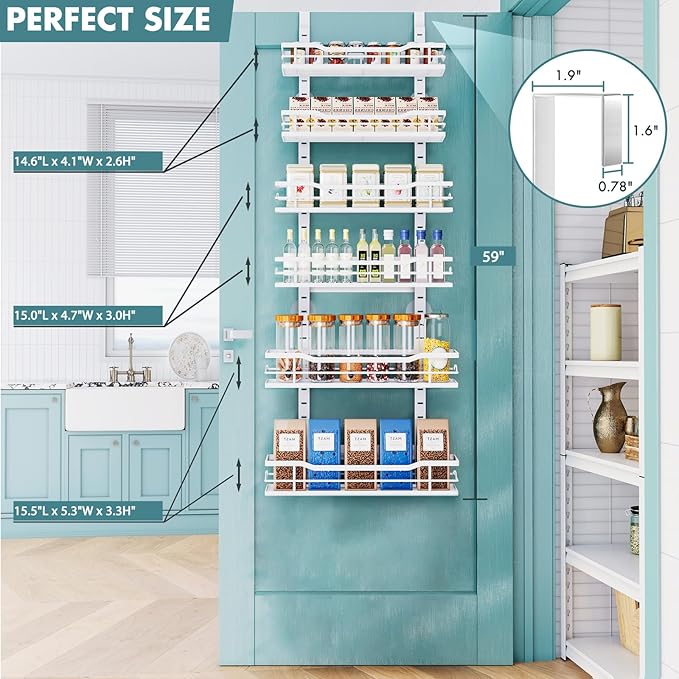 Over The Door Pantry Organizer，6-Tier Over The Door Organizer with Adjustable Basket，Metal Hanging Pantry Organizers and Storage for Kitchen, Back of Door Seasoning Rack (White)
