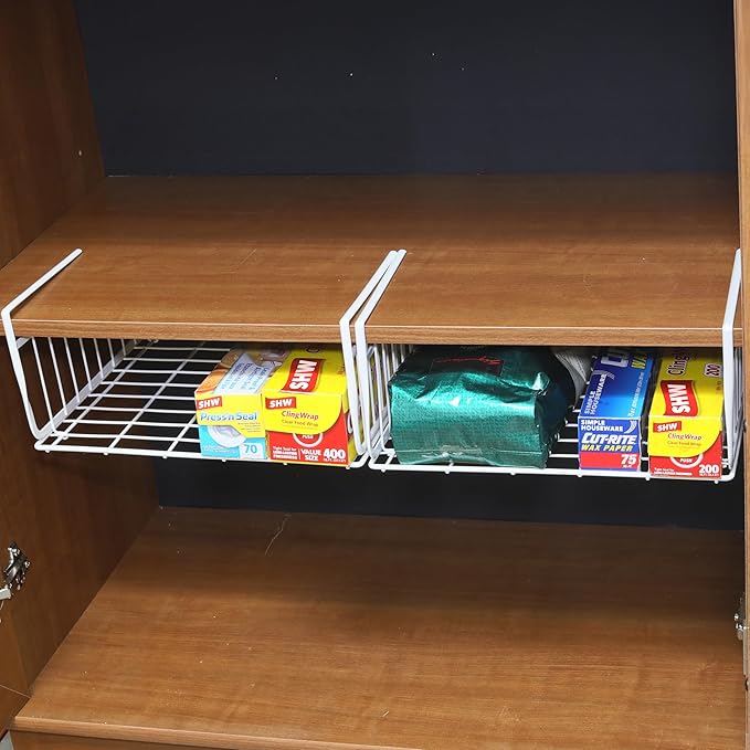 SIMPLE HOUSEWARE Under Shelf Basket, White – 2-Pack Space-Saving Storage Organizer for Kitchen, Pantry, Closet, Office – Wire Metal Shelf Organizer, No Tools Required