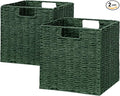 Vagusicc Wicker Storage Basket, Set of 2 Hand-Woven Paper Rope Wicker Baskets, Foldable Cube Storage Bins, Square Storage Baskets for Organizing Shelves & Decor, Green (11″×11″×11″)