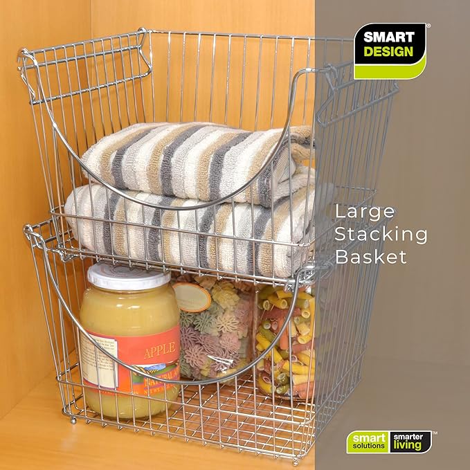 Smart Design Stacking Baskets with Handles - Set of 6 Large - Steel Metal Wire - Fruit Produce Vegetable Safe Storage Bin Organizer Pantry Counter Stand Rack - 12.5 x 8.5 Inch - Chrome