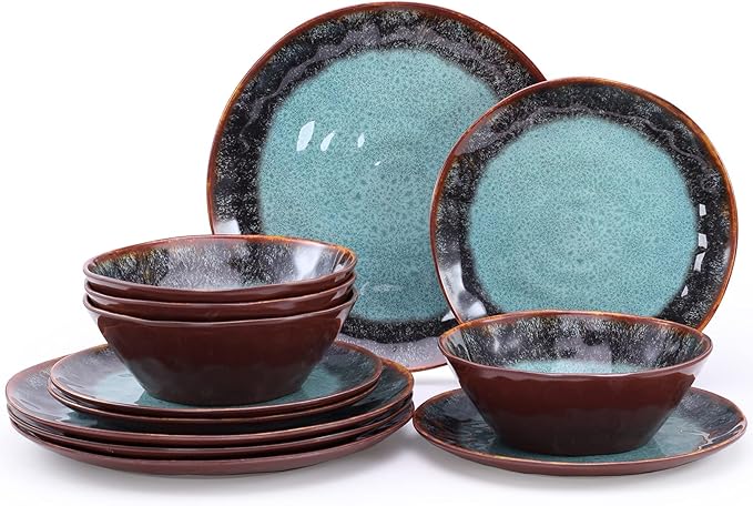 Melamine Dinnerware Set 12 Pcs for 4, Camping Plates and Bowls, Unbreakable, Lightweight, BPA Free, Dishwasher Safe, Blue With Brown