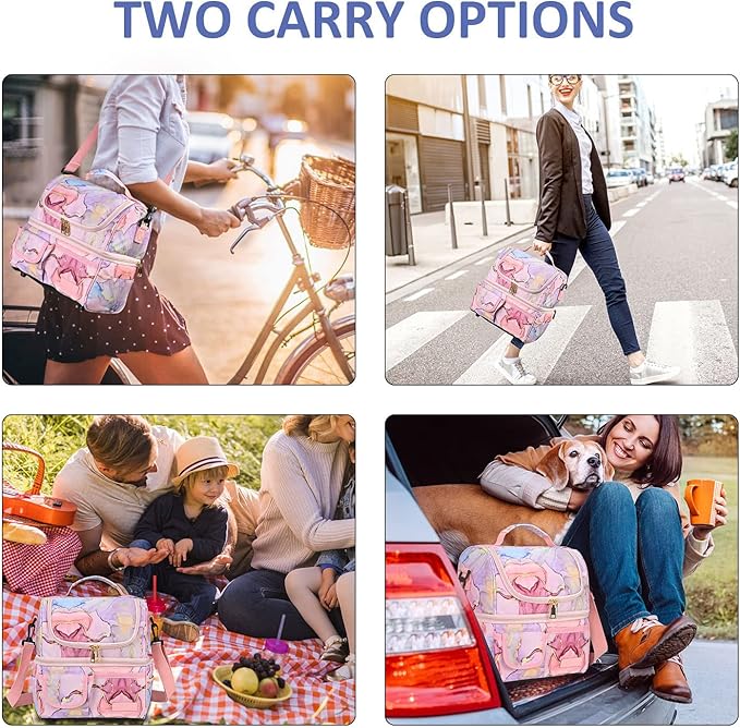 LOKASS Lunch Box for Women-Double Deck Insulated Adults Lunch Bag with Removable Shoulder Strap- Cute Wide Open Lunch Tote for Work/Office/Picnic/Beach/Travel (Pink)